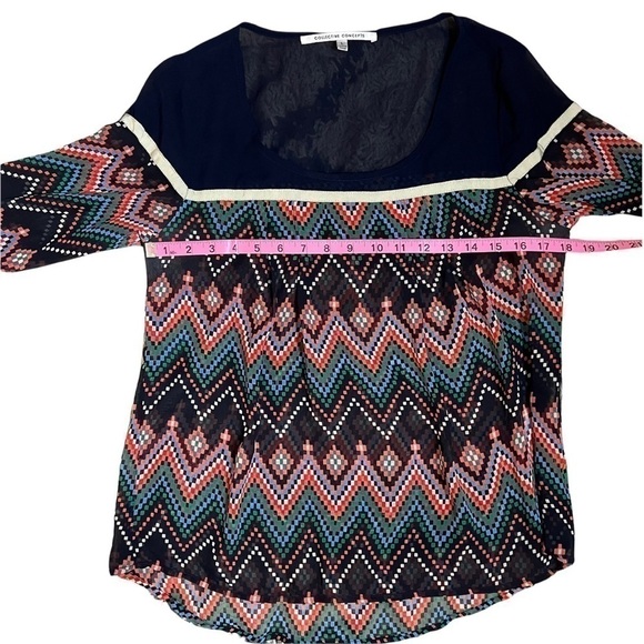 Collective Concepts Sheer Boho Blouse Navy Multi Chevron Print 3/4 Sleeve Top - Picture 5 of 7